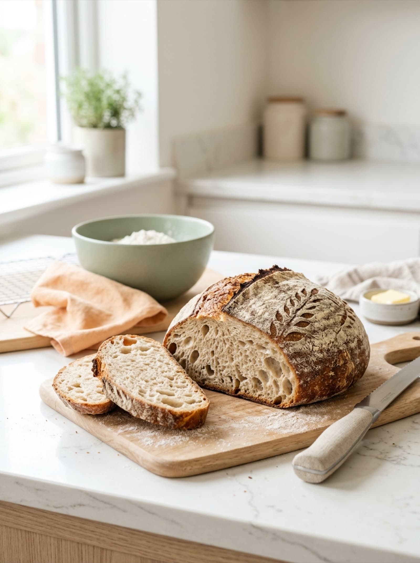 A sliced gluten-free country loaf showing a soft, even crumb