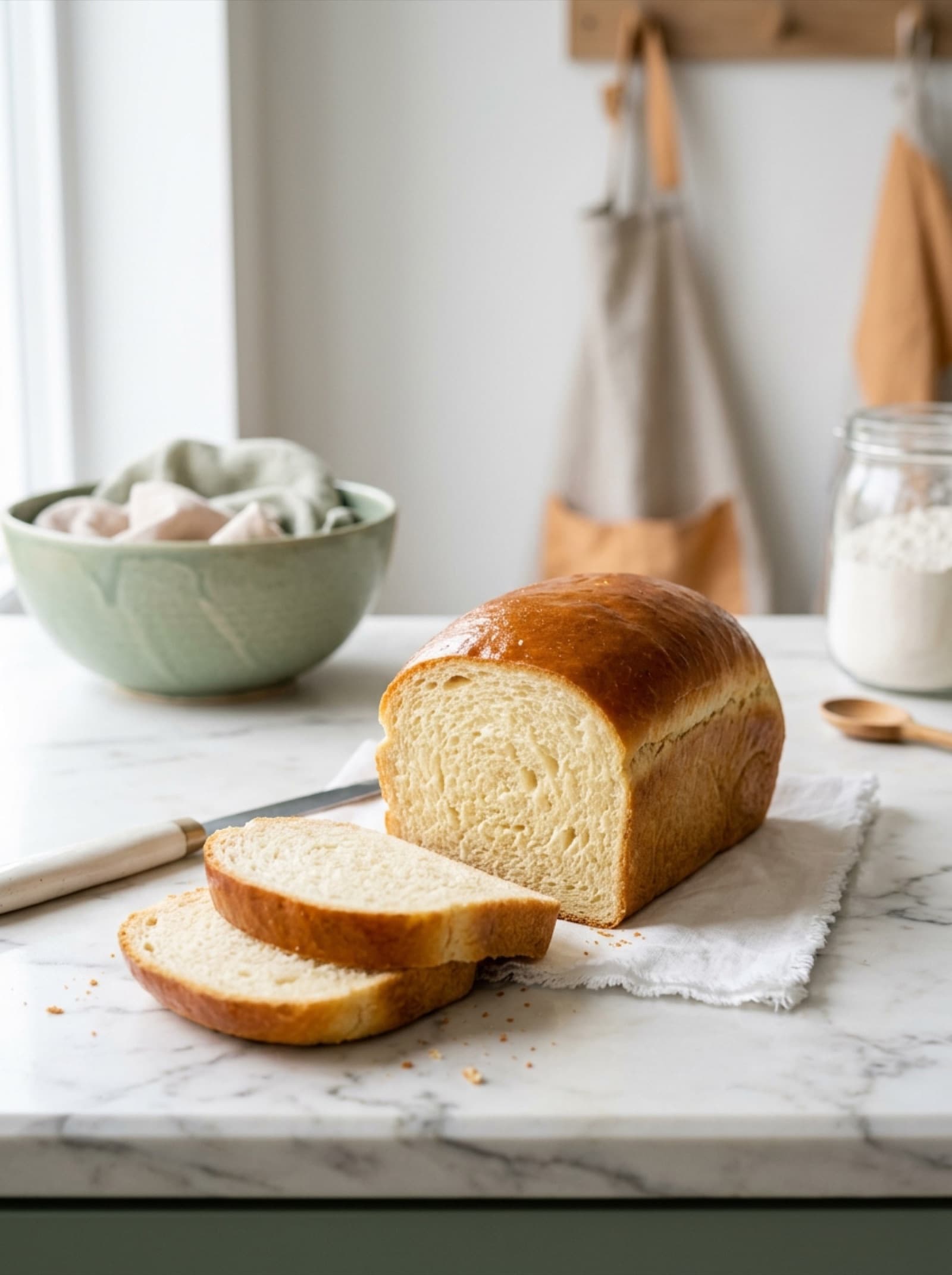 A golden gluten-free sandwich loaf with three soft slices on a marble worktop