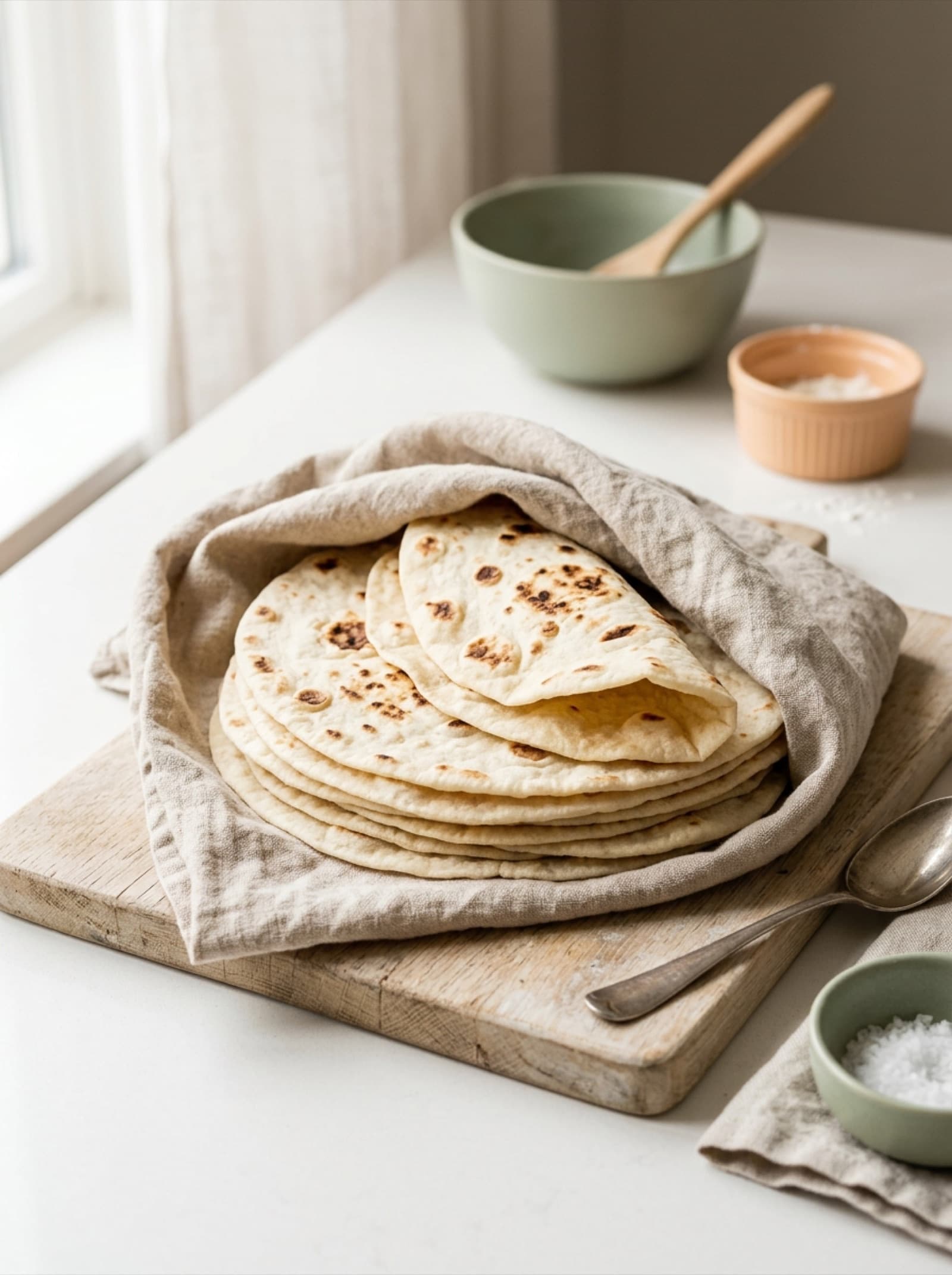 A stack of soft flour tortillas wrapped in a linen cloth