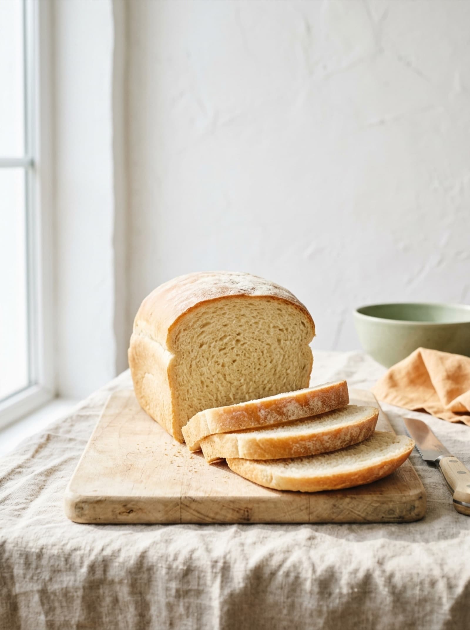 A freshly baked gluten-free sandwich loaf with soft slices, beside a sage bowl and apricot linen