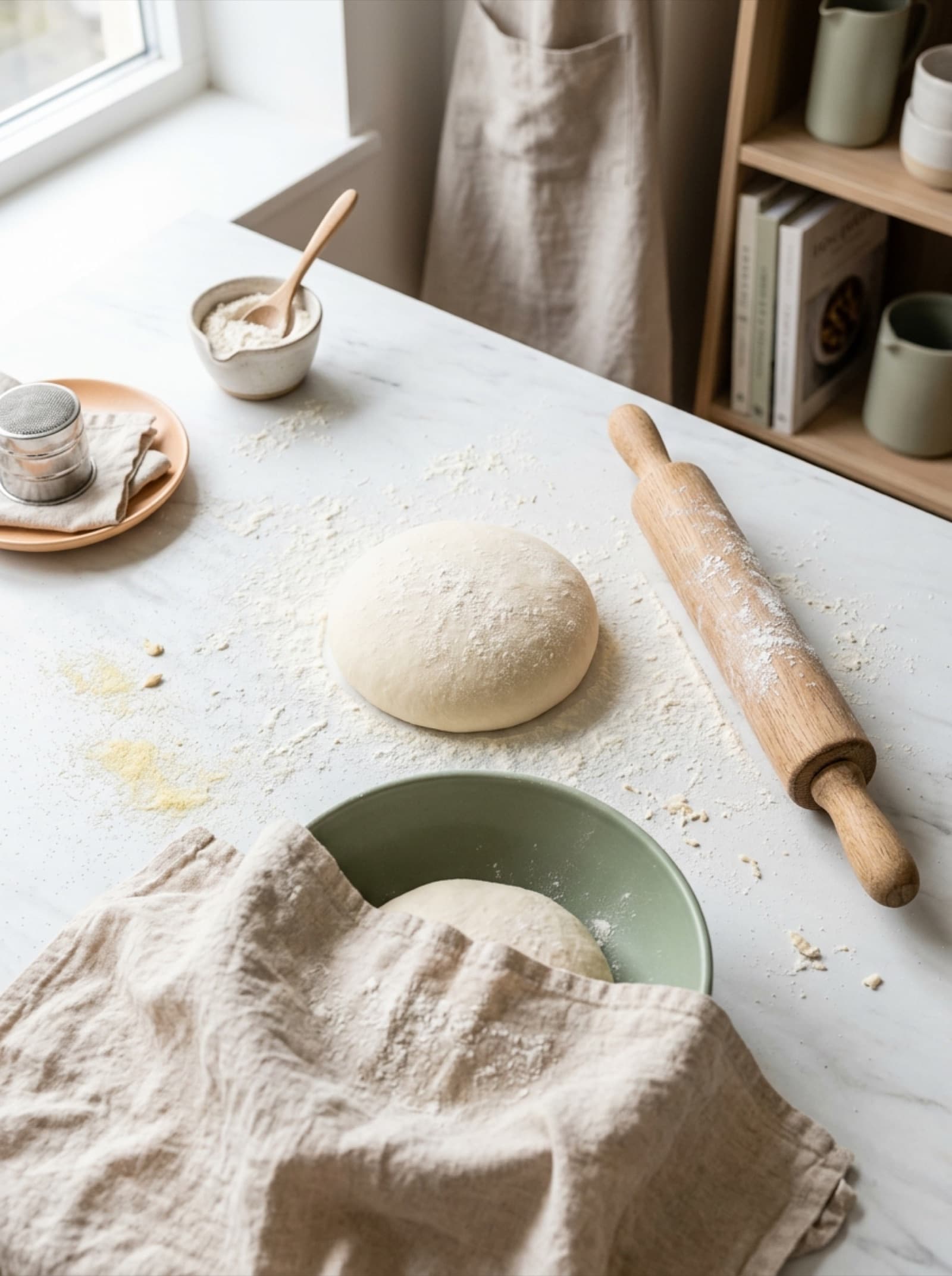 A ball of dough resting under a cloth beside a rolling pin on an ordinary kitchen worktop